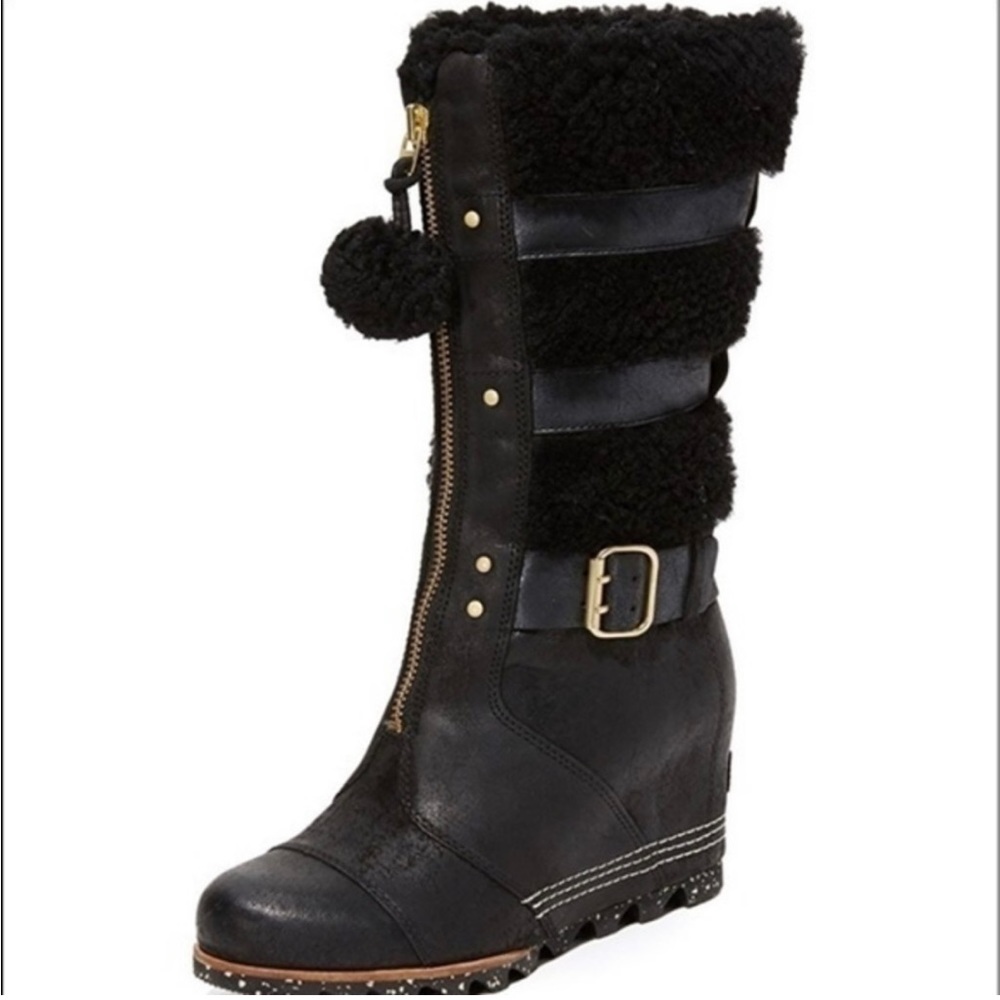 Sorel Helen Holiday Wedge Zip Front Black Leather Sheepskin Tall Boot Women's 8